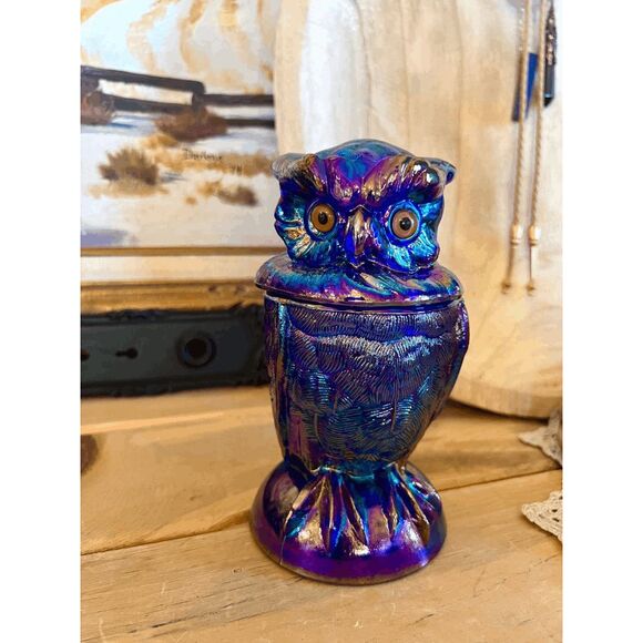 Vintage Owl Toby Jar Cobalt Blue Carnival Glass Imperial Glass Mould by Mosser G - Picture 1 of 7